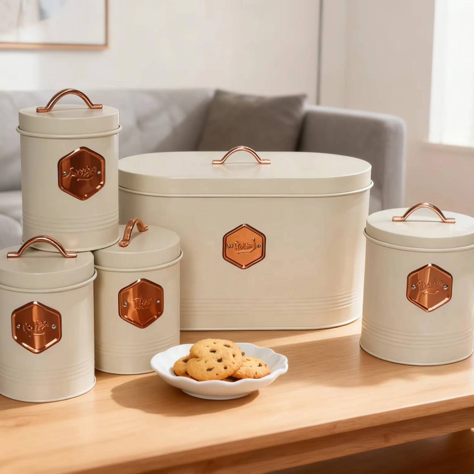 Vintage Cream Metal Kitchen Storage Canister Set with Copper Handles and Airtight Lids Bread Sugar Coffee Tea Containers Set