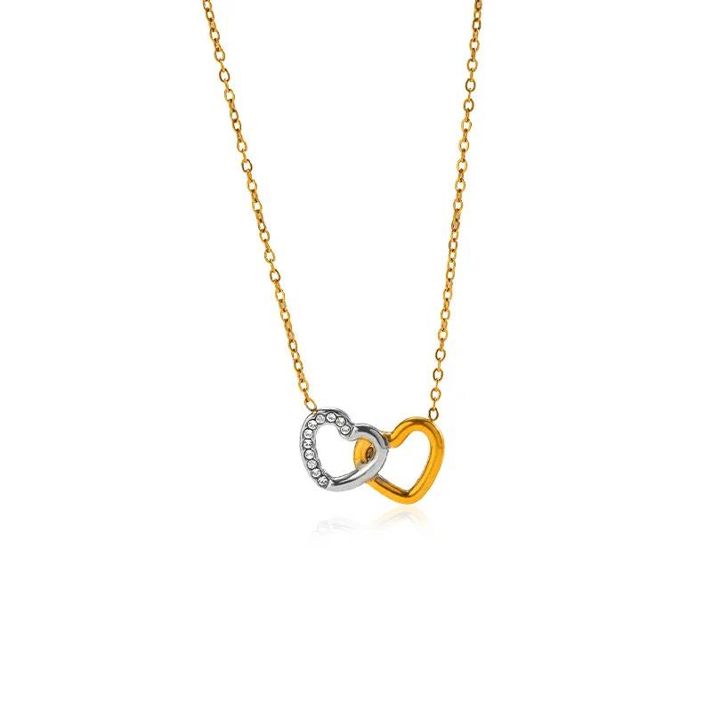 IVANDA Waterproof 18k Gold Plated Stainless Steel Fashion Jewelry Crystal Rhinestone Double Heart Drop Necklaces for Gift